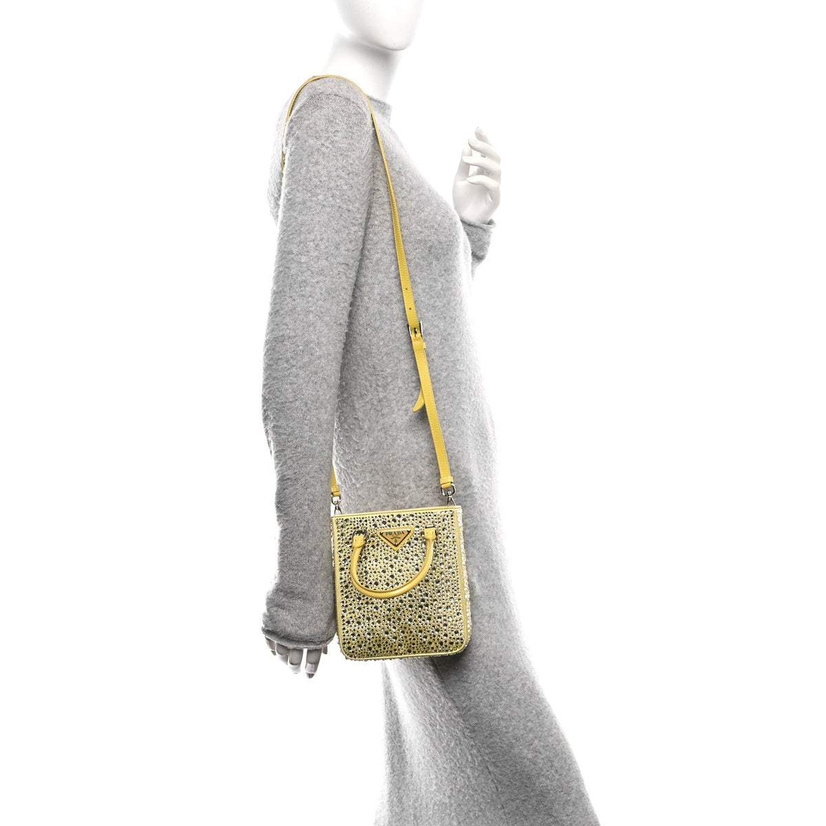 Satin Crystal Metal Triangle Logo Small Double Handle Crossbody Tote Ananas