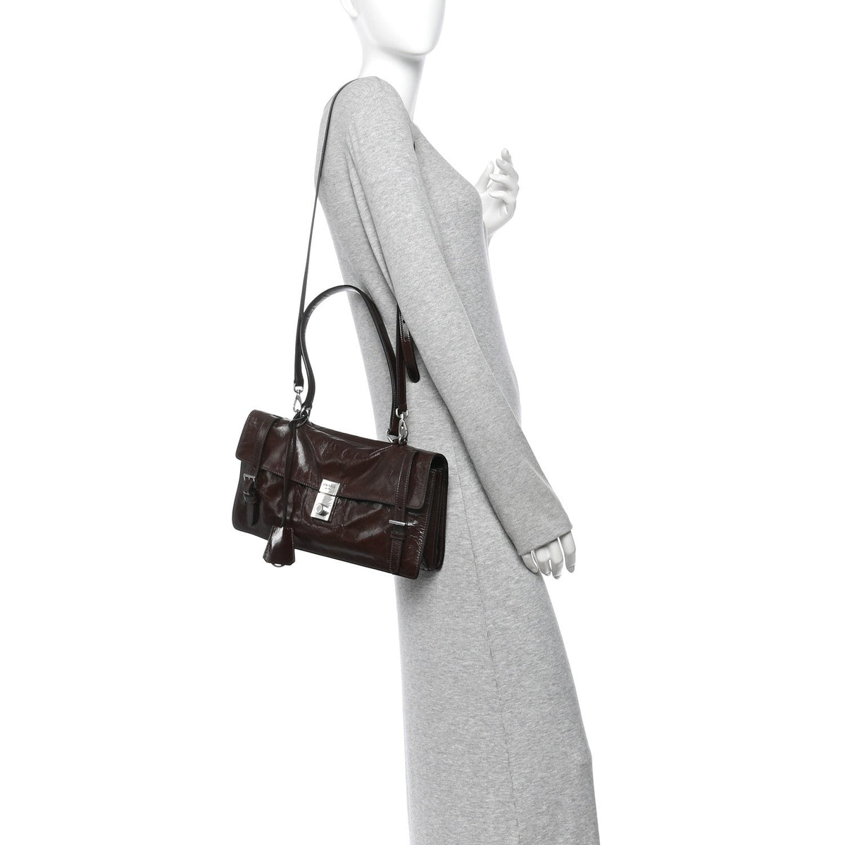 Glossy Calfskin Medium Sound Shoulder Bag Dark Brown