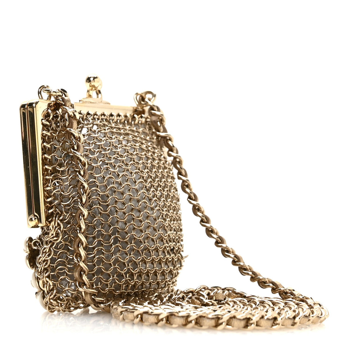 Metal Pearl Enamel Kiss Lock Chain Mail Charm Clutch Gold