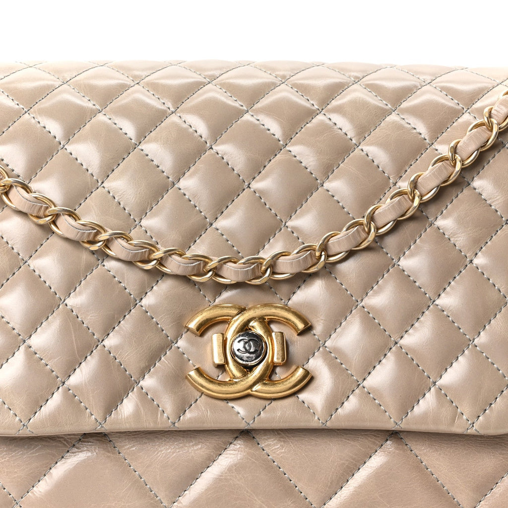 Glazed Calfskin Quilted Large Daily Walk Flap Beige