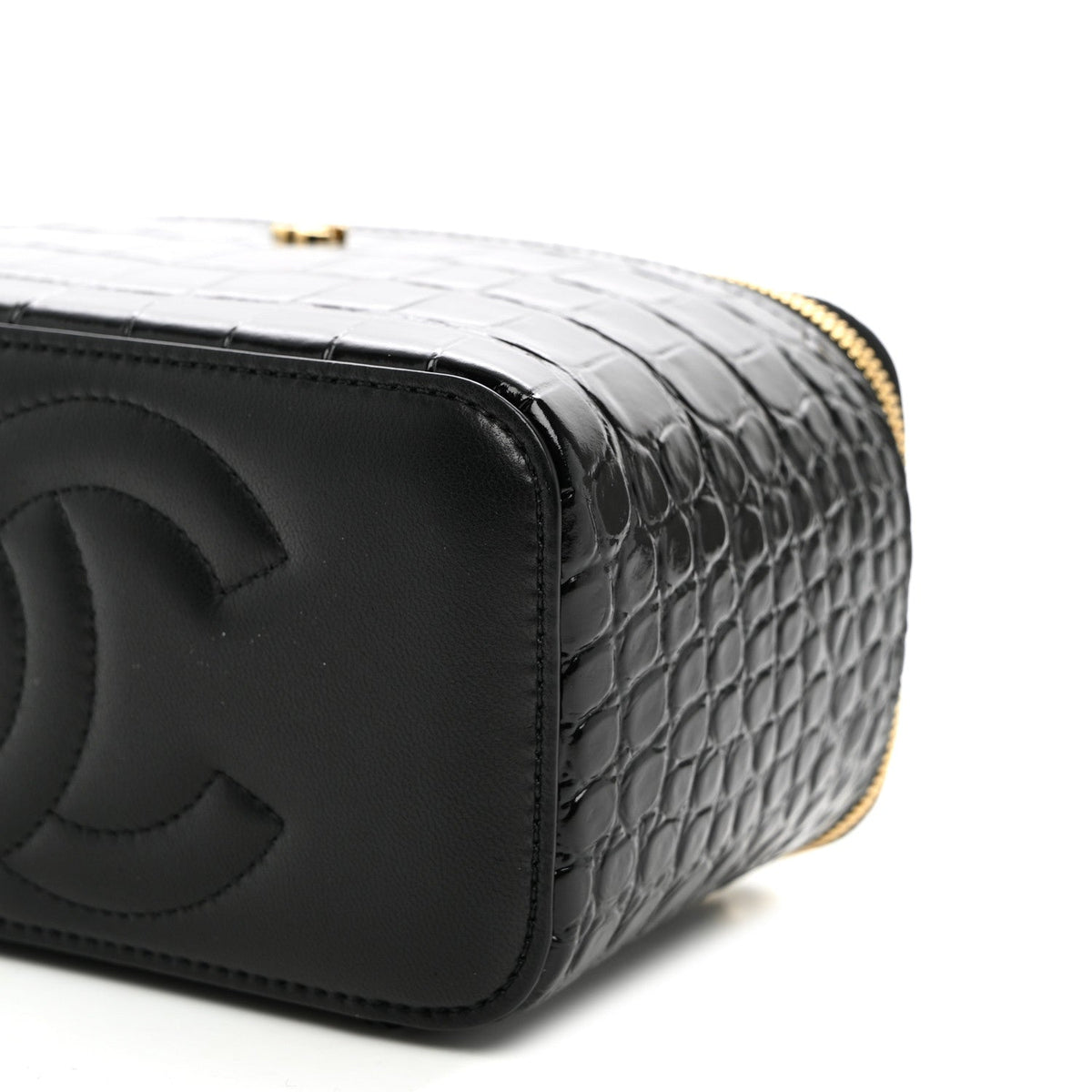Calfskin Crocodile Embossed Crococo Small Top Handle Vanity Case With Chain Black