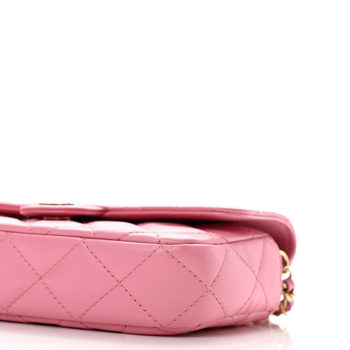 Lambskin Quilted Flap Phone Holder With Chain Pink