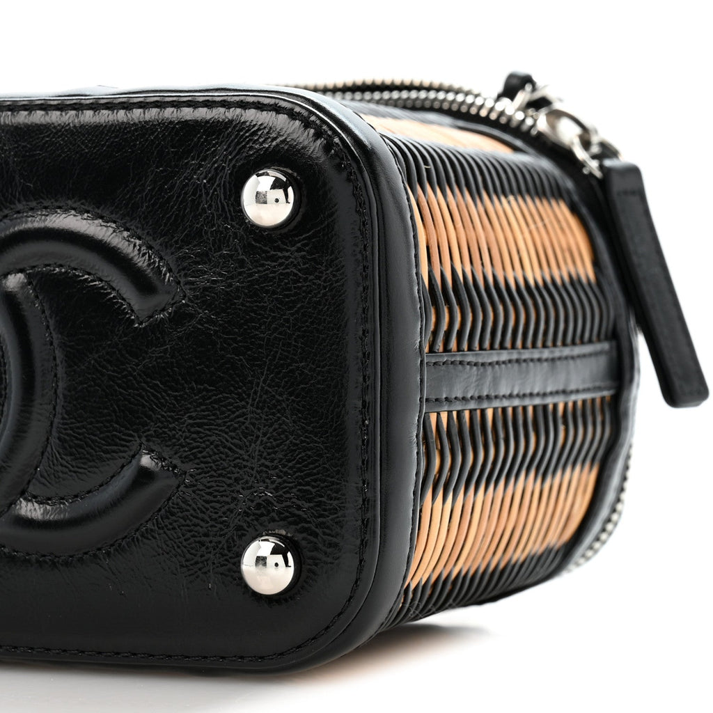 Calfskin Raffia Small Vanity Case Bag Black Beige