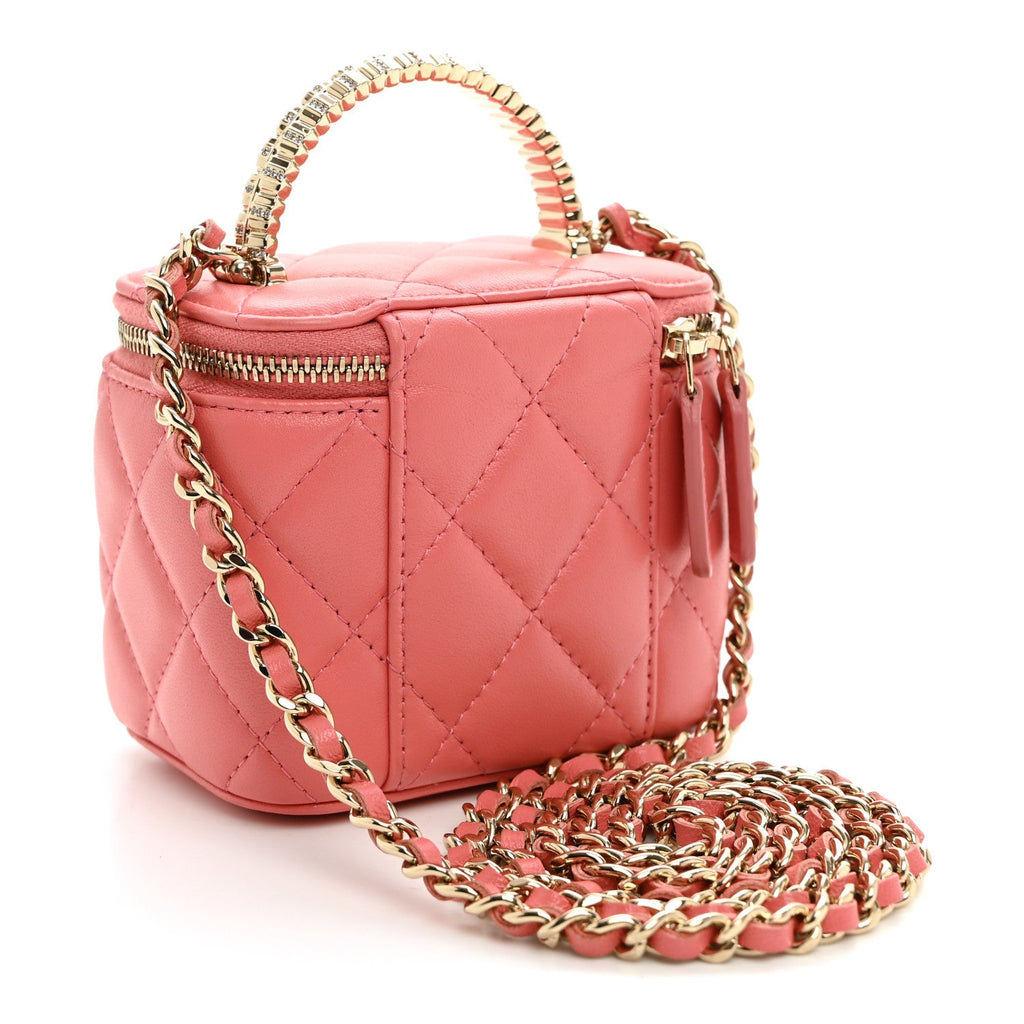 Lambskin Quilted Crystal Top Handle Mini Vanity Case With Chain Coral