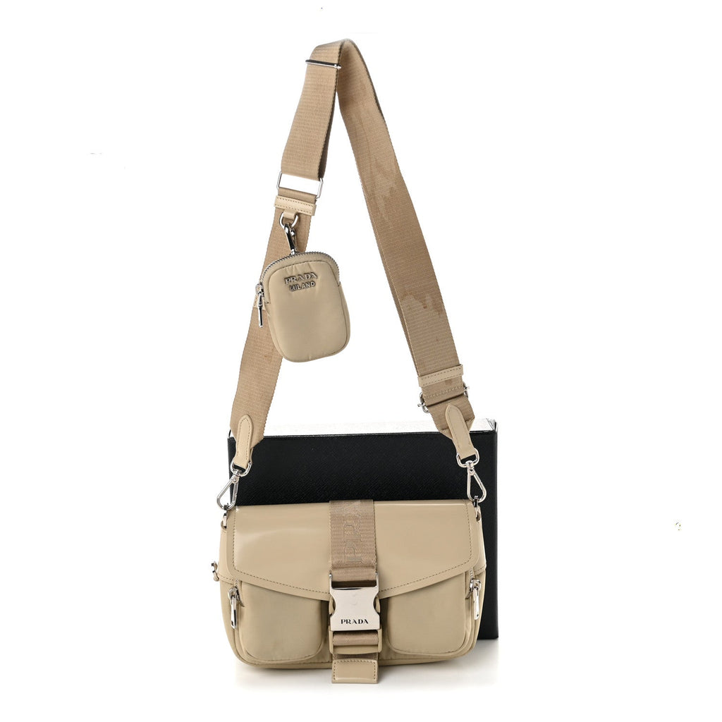 Re-Nylon Spazzolato Double Pocket Buckle Shoulder Bag Deserto