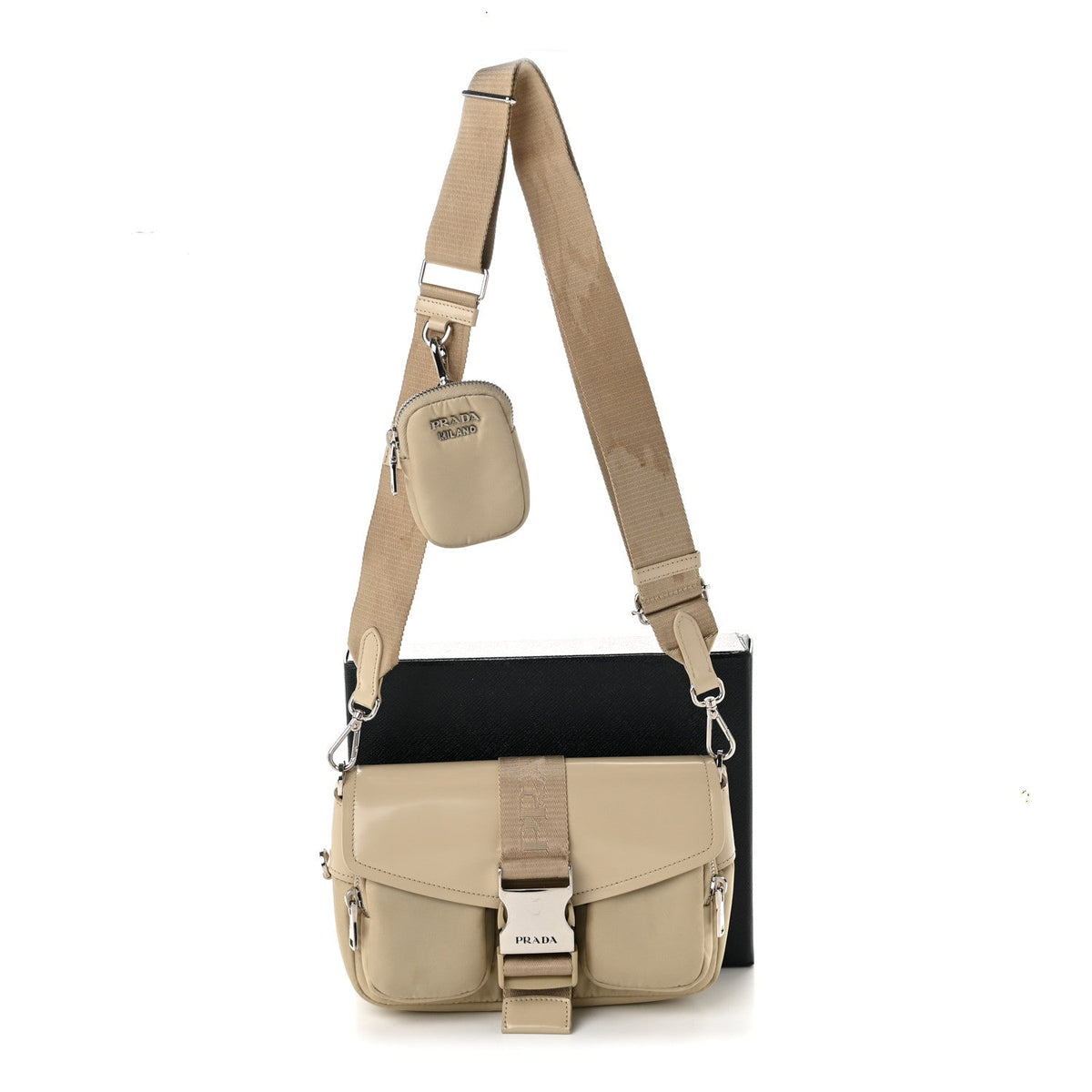 Re-Nylon Spazzolato Double Pocket Buckle Shoulder Bag Deserto