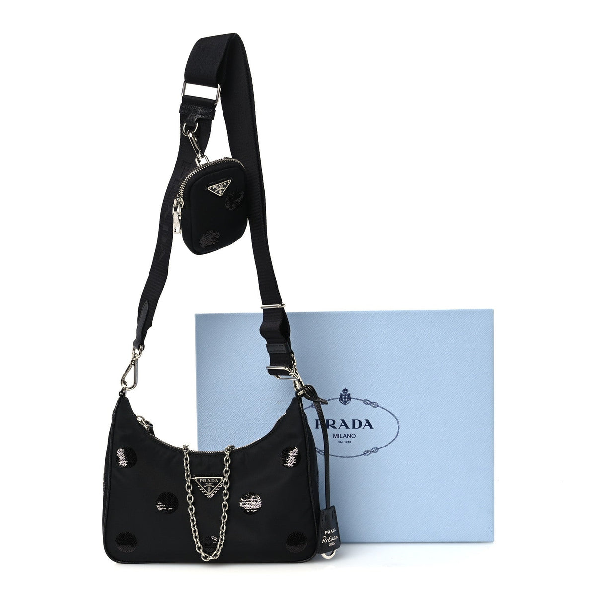 Nylon Sequin Embellished Polka Dot Re-Edition 2005 Shoulder Bag Black