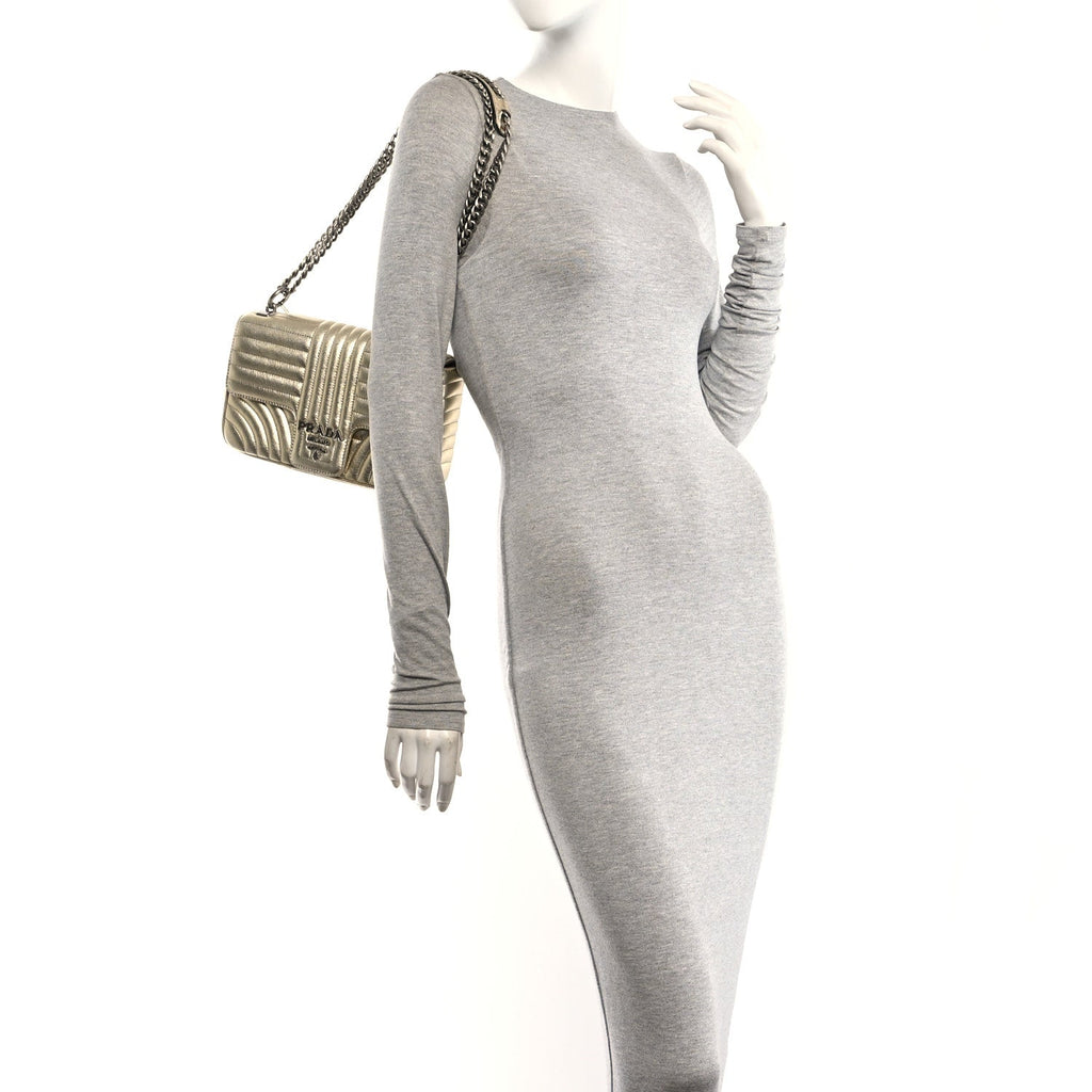 Metallic Nappa Impunture Diagramme Medium Chain Flap Shoulder Bag  Gold