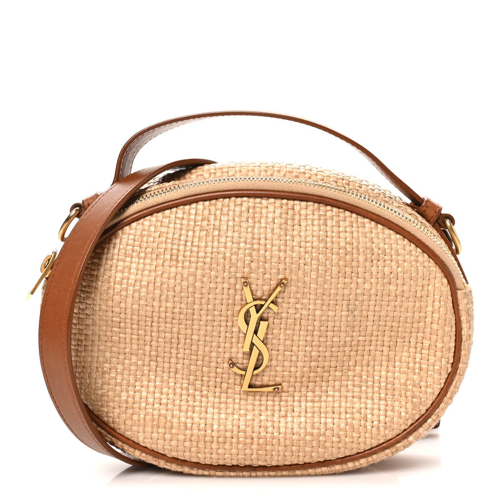 Raffia Calfskin Round Camera Bag Golden Ecru Brick