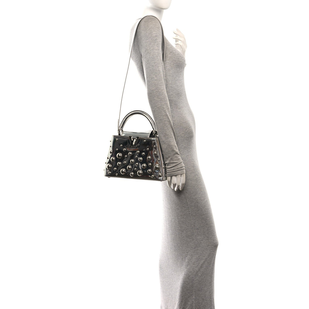 LV X YK Metallic Taurillon Brass Metal Dots Capucines BB Silver