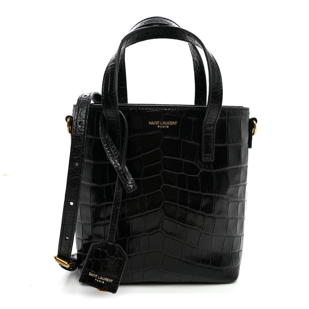 Calfskin Crocodile Embossed Paris Mini Toy Shopper Tote Black
