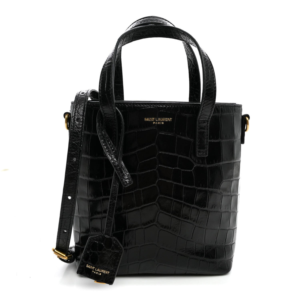 Calfskin Crocodile Embossed Paris Mini Toy Shopper Tote Black