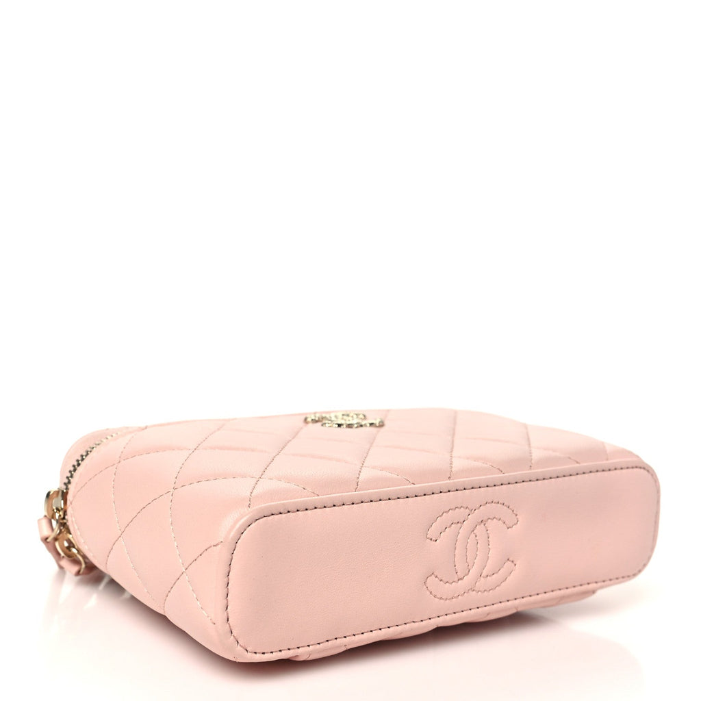 Lambskin Quilted Metal Enamel Flower Mini Top Handle Vanity Case With Chain Light Pink