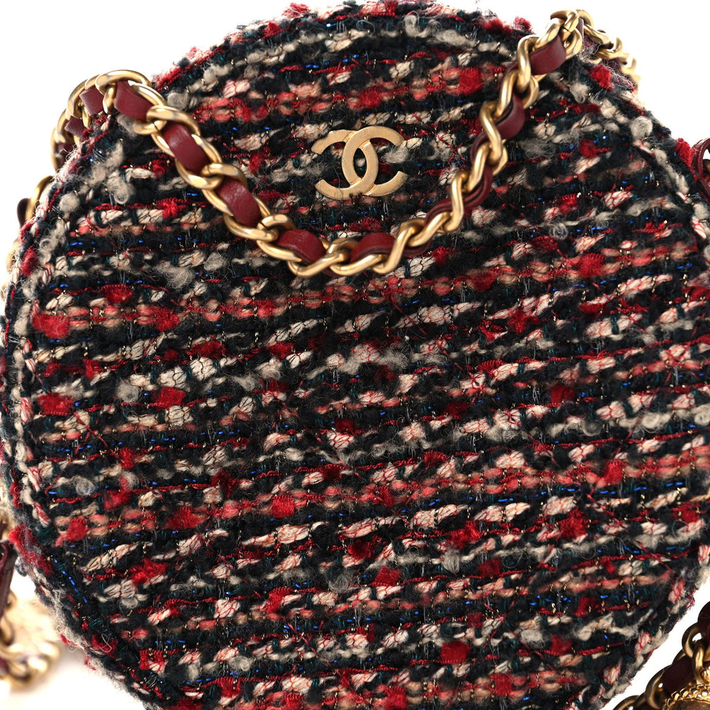 Tweed Quilted Round Clutch With Chain Red