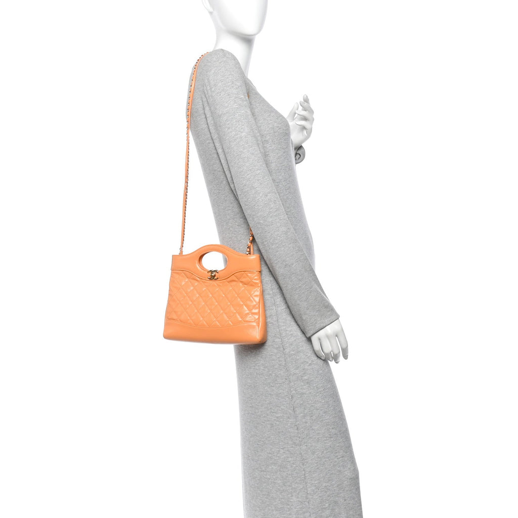 Shiny Crumpled Calfskin Quilted Mini 31 Shopping Bag Orange