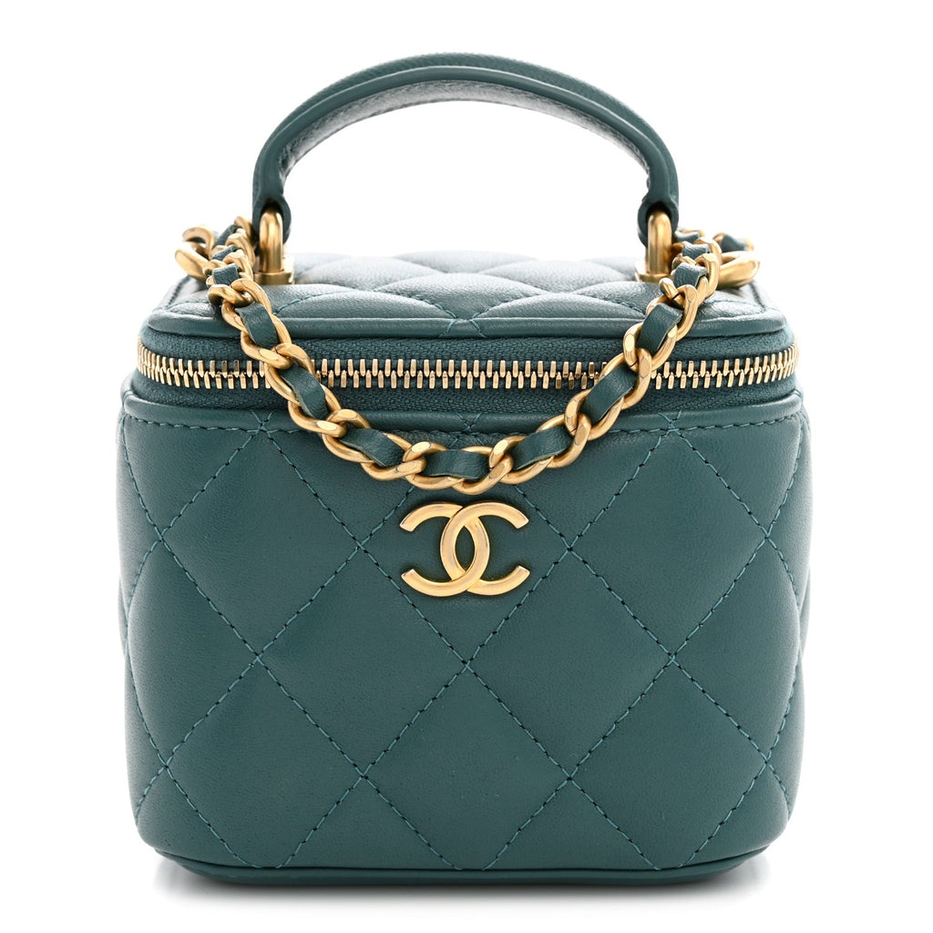 Lambskin Quilted Top Handle Mini Vanity Case With Chain Green