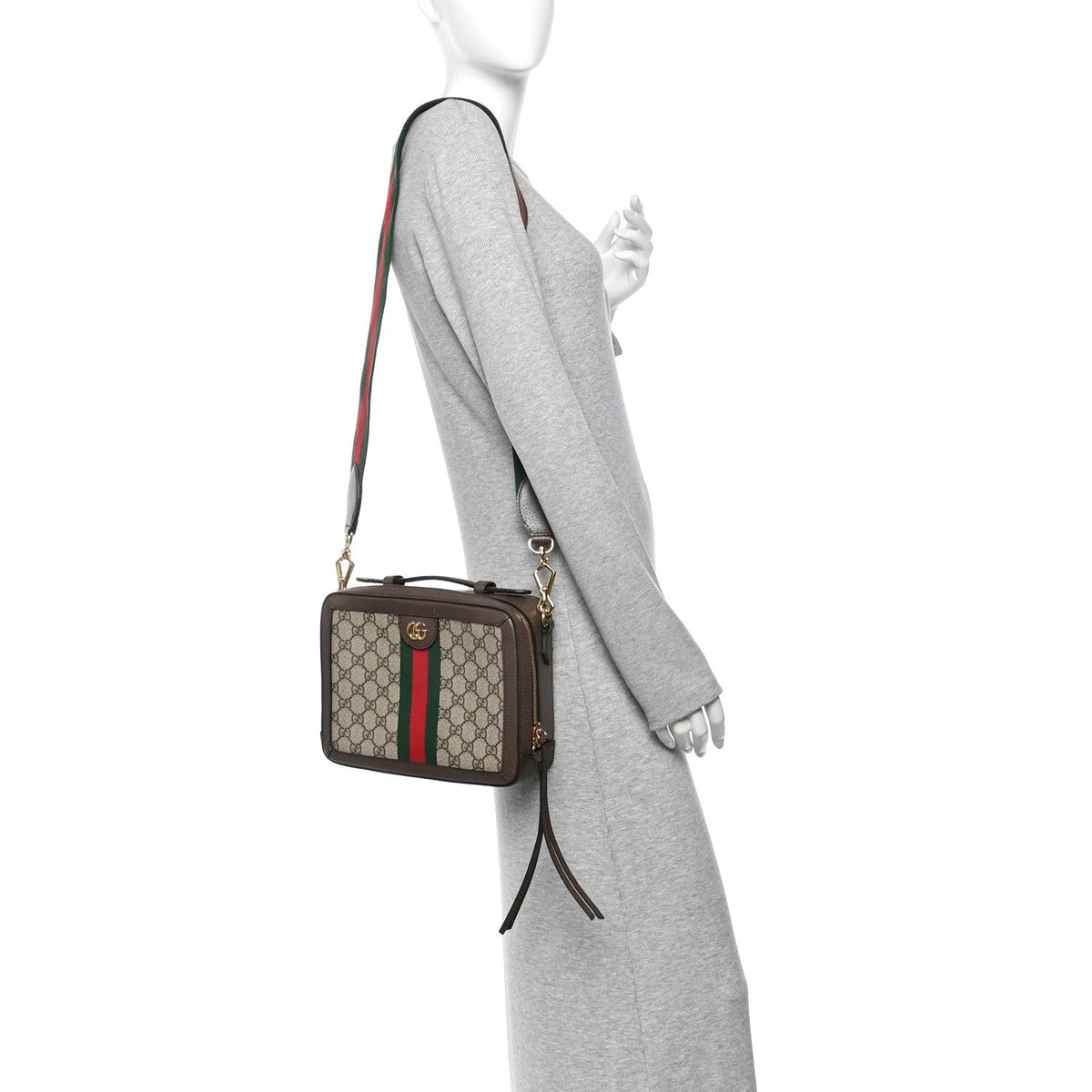GG Supreme Monogram Web Small Ophidia Top Handle Shoulder Bag Brown