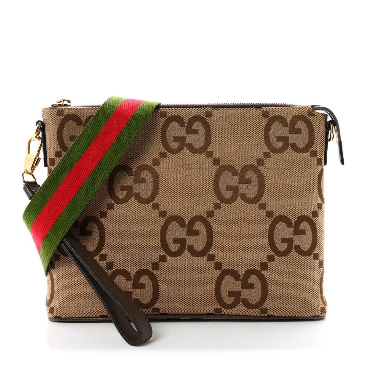 Monogram Jumbo GG Textured Dollar Calfskin Web Wristlet Messenger Bag Camel Ebony New Acero