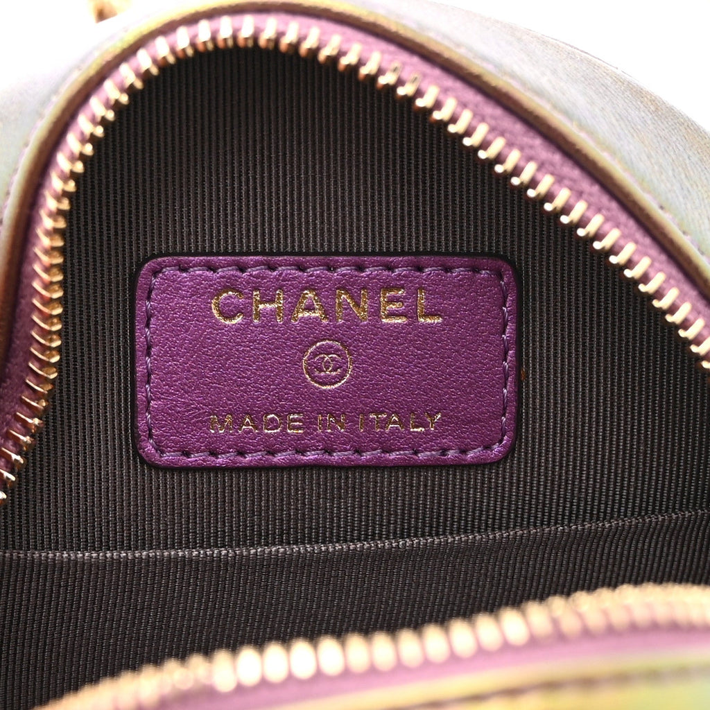 Iridescent Lambskin Quilted Round Clutch With Chain Purple