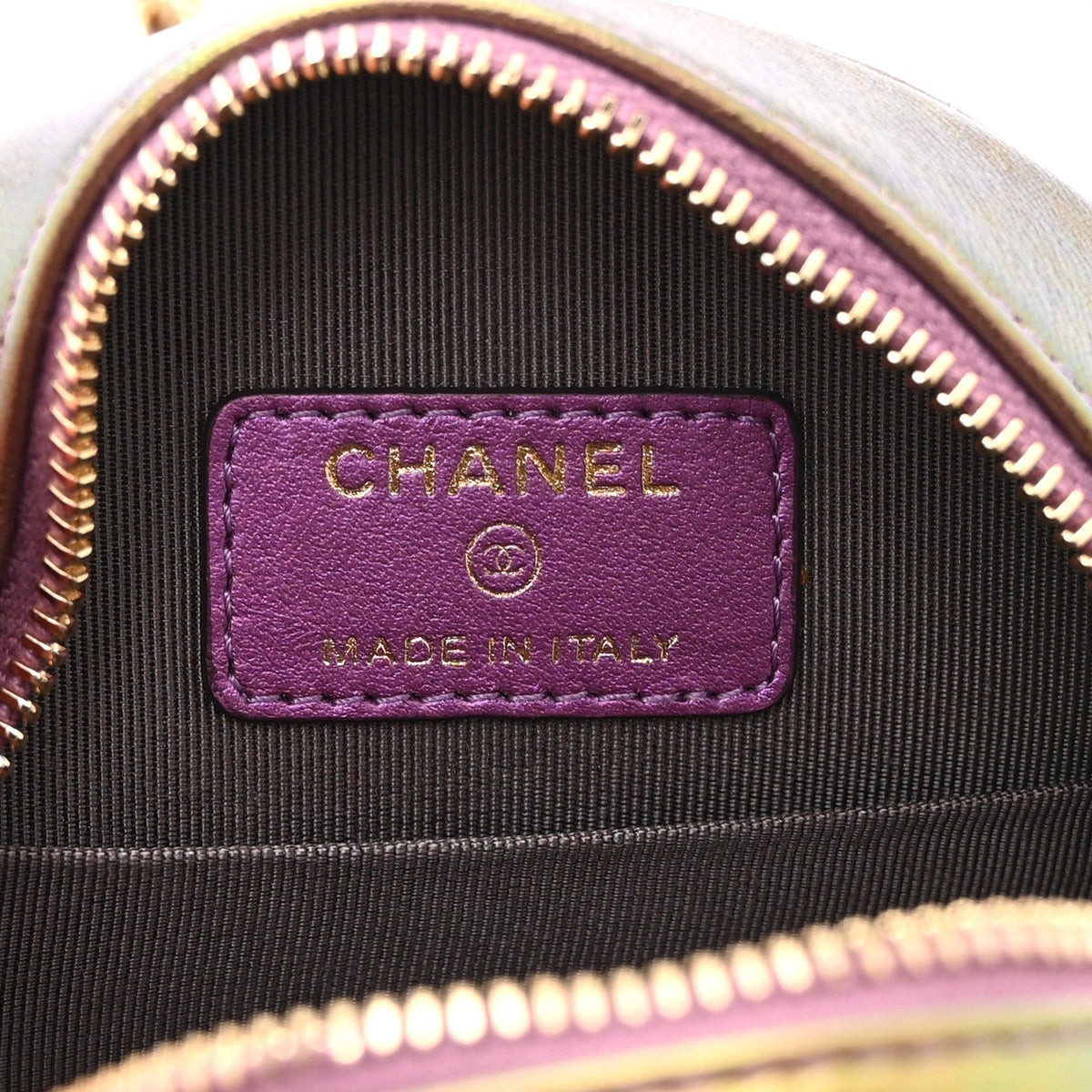 Iridescent Lambskin Quilted Round Clutch With Chain Purple