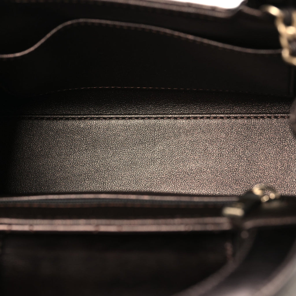 Metallic Aged Calfskin Quilted Nano Kelly Shopper Dark Brown