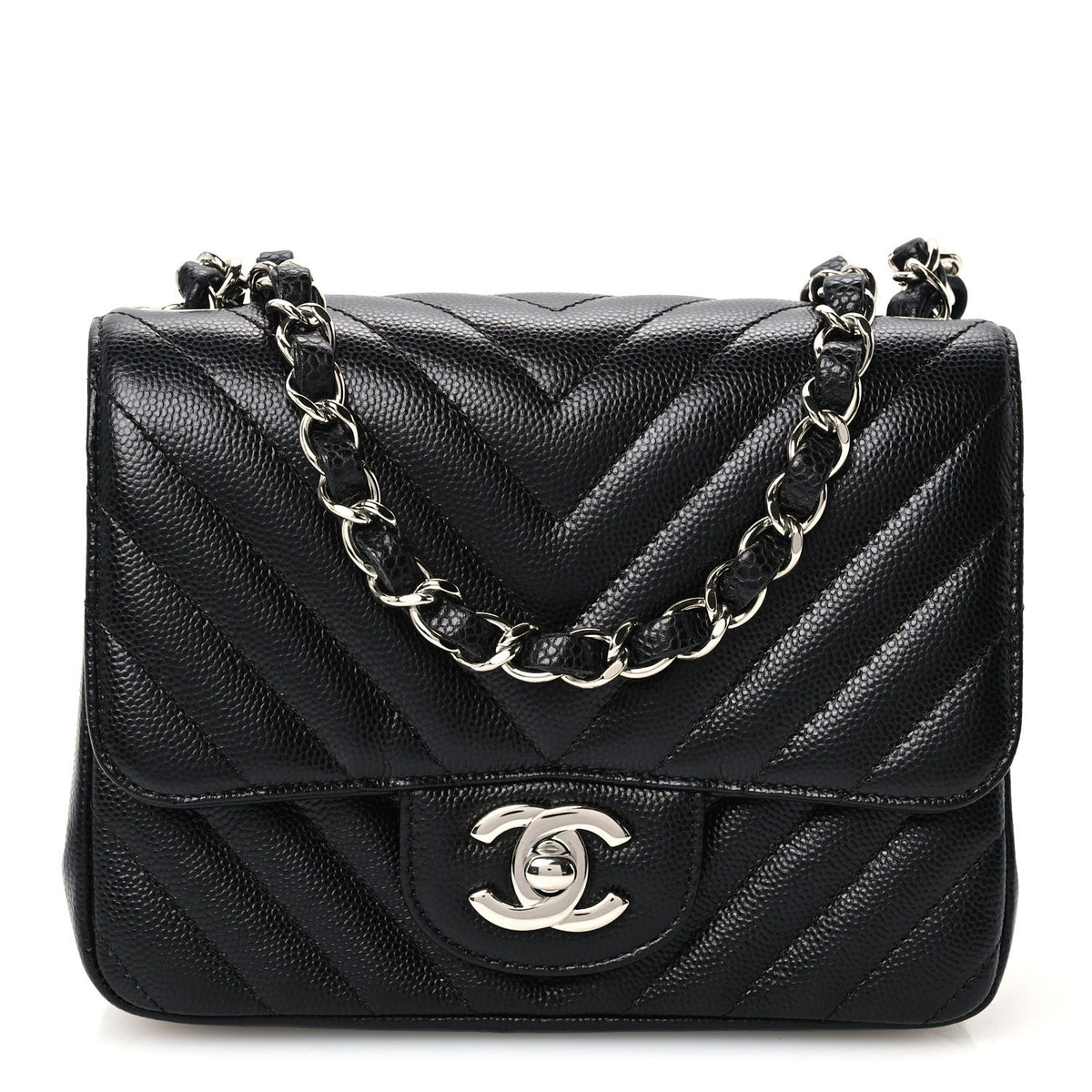 Caviar Chevron Quilted Mini Square Flap Black