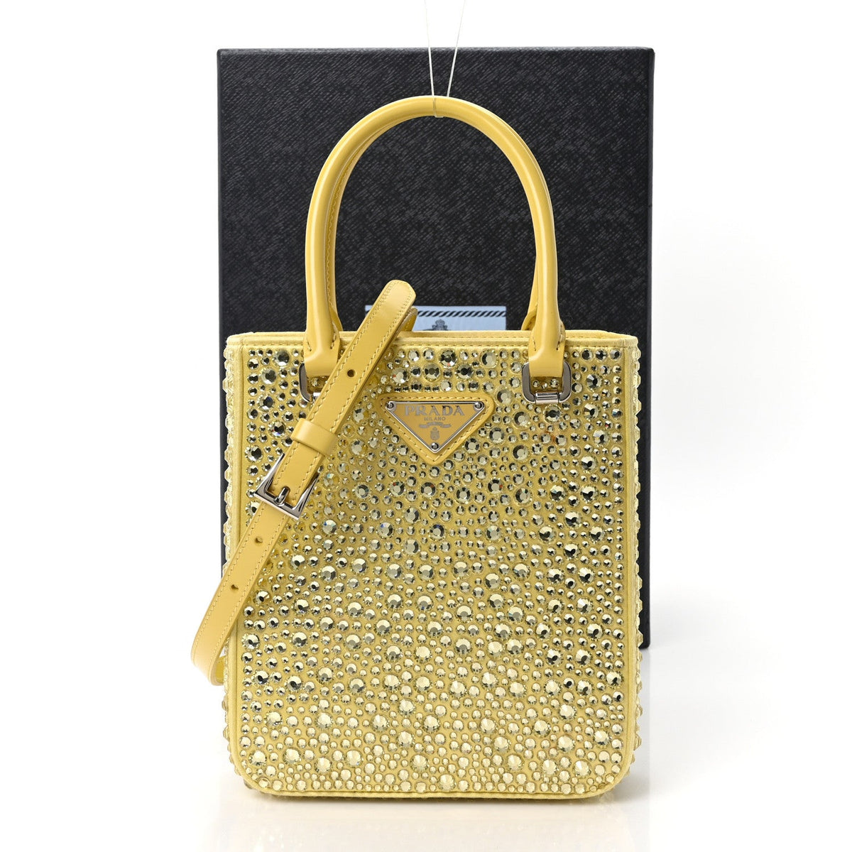 Satin Crystal Metal Triangle Logo Small Double Handle Crossbody Tote Ananas