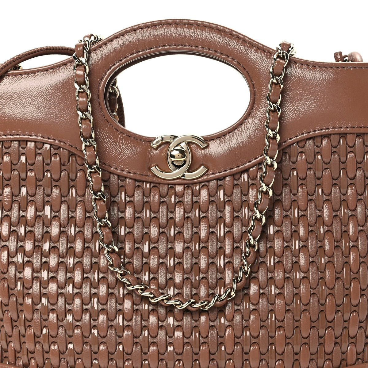 Shiny Lambskin Patent Calfskin Quilted Mini 31 Shopping Bag Brown