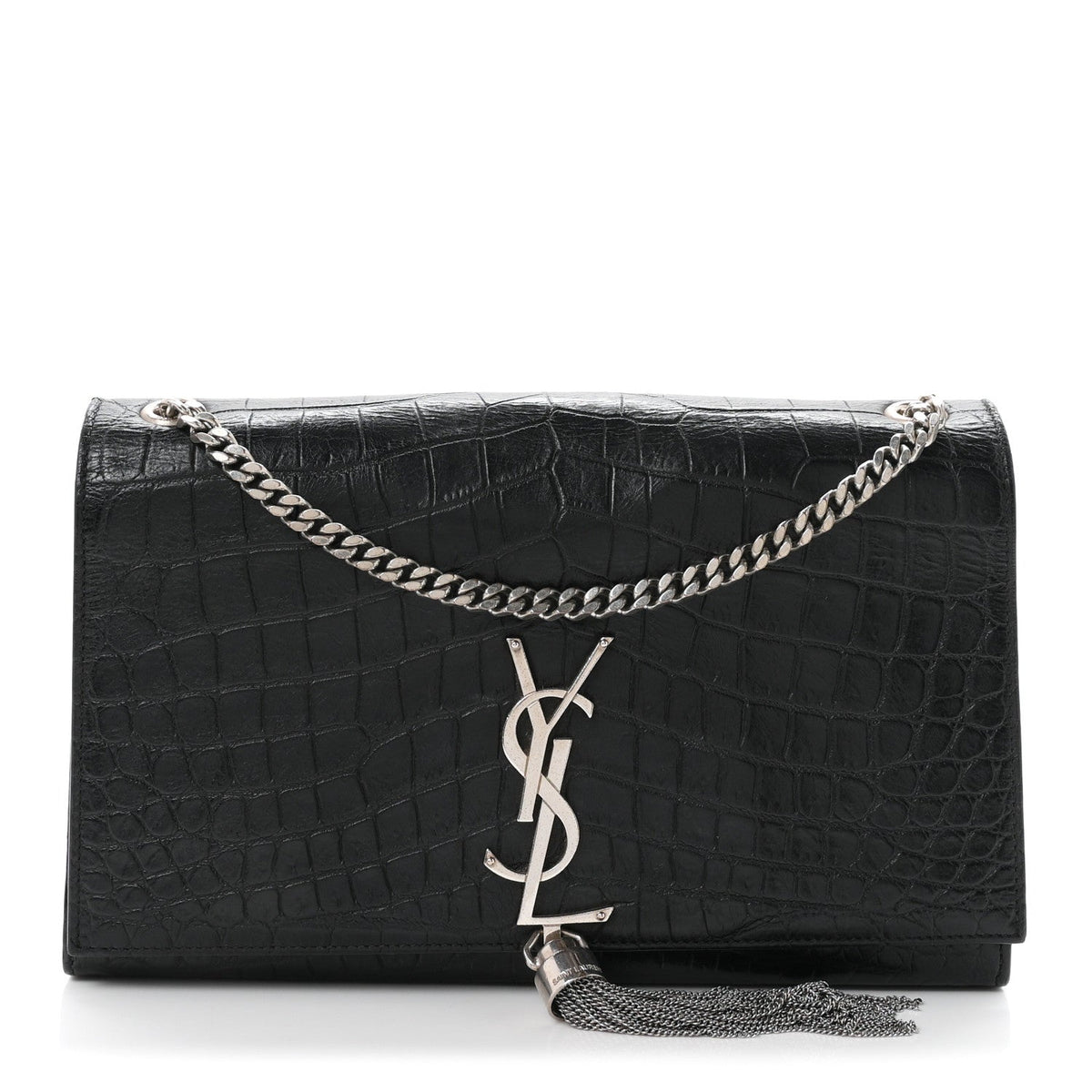 Calfskin Crocodile Embossed Medium Classic Monogram Kate Tassel Satchel Black