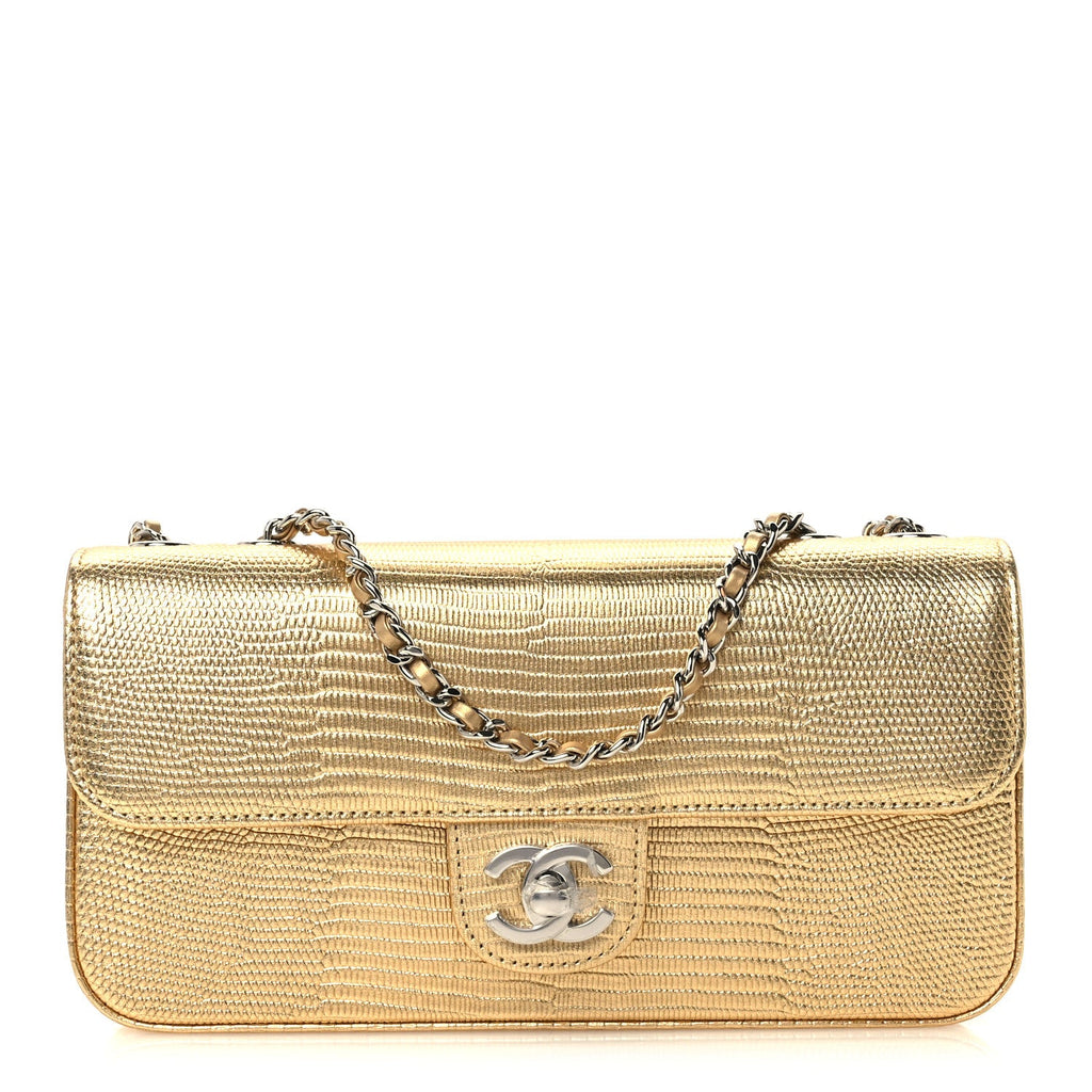 Metallic Calfskin Lizard Embossed Small East West Flap Gold
