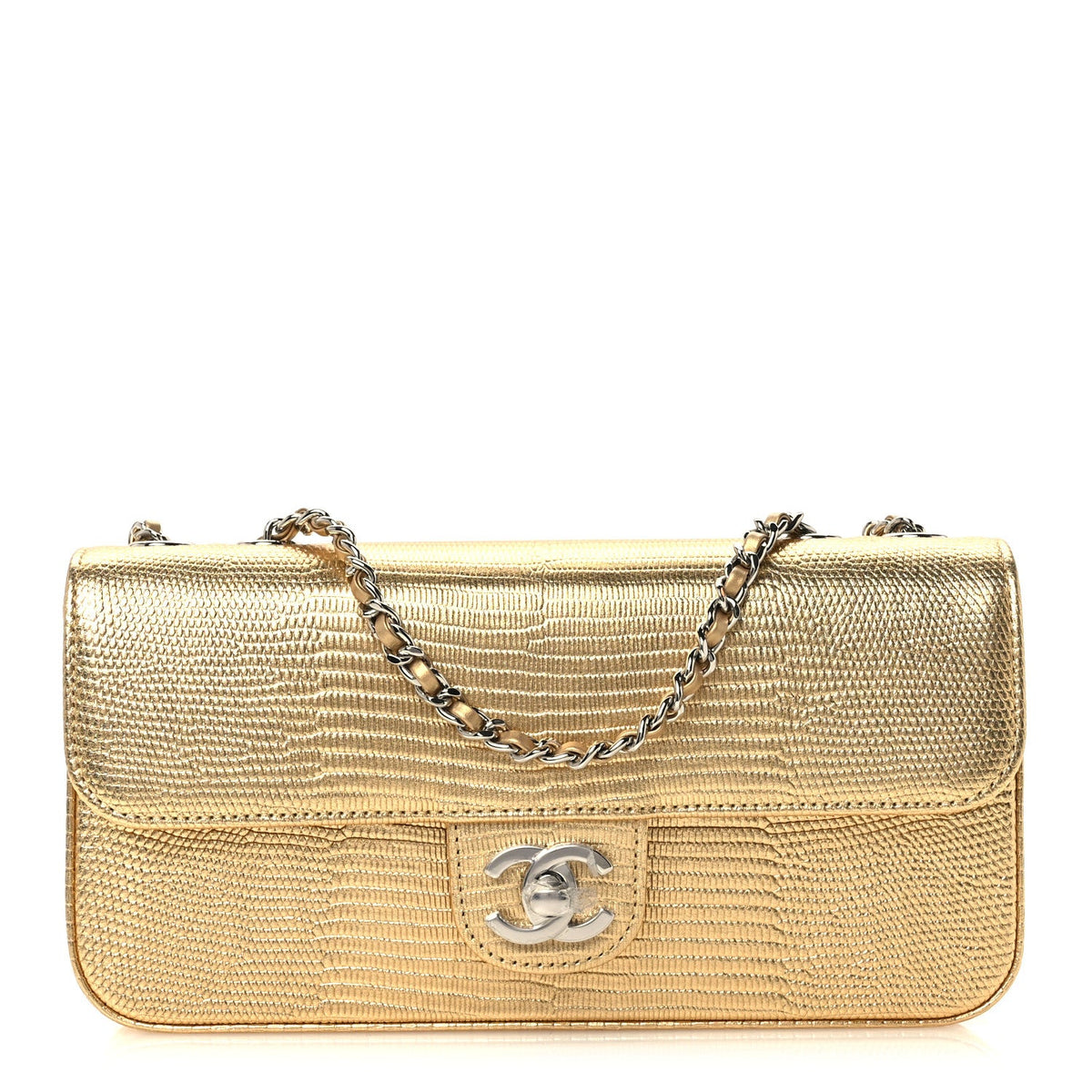 Metallic Calfskin Lizard Embossed Small East West Flap Gold