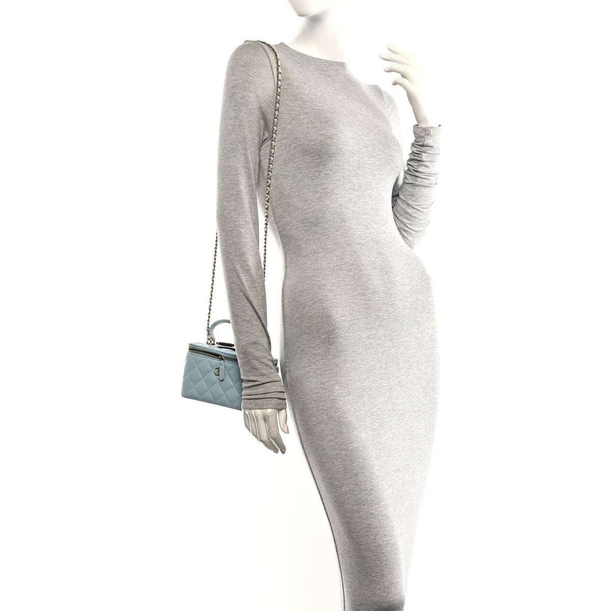 Lambskin Quilted Small Top Handle Vanity Case With Chain Light Blue