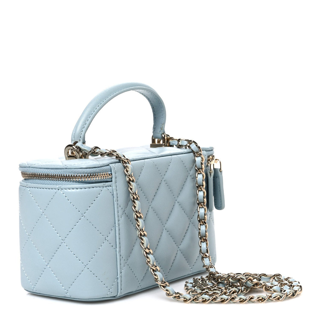 Lambskin Quilted Small Top Handle Vanity Case With Chain Light Blue