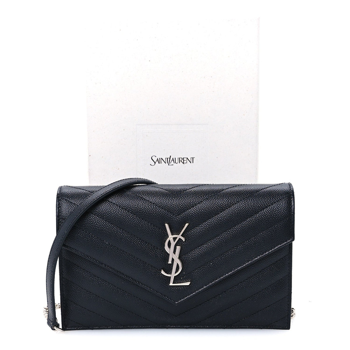 Grain De Poudre Matelasse Chevron Monogram Envelope Chain Wallet Black