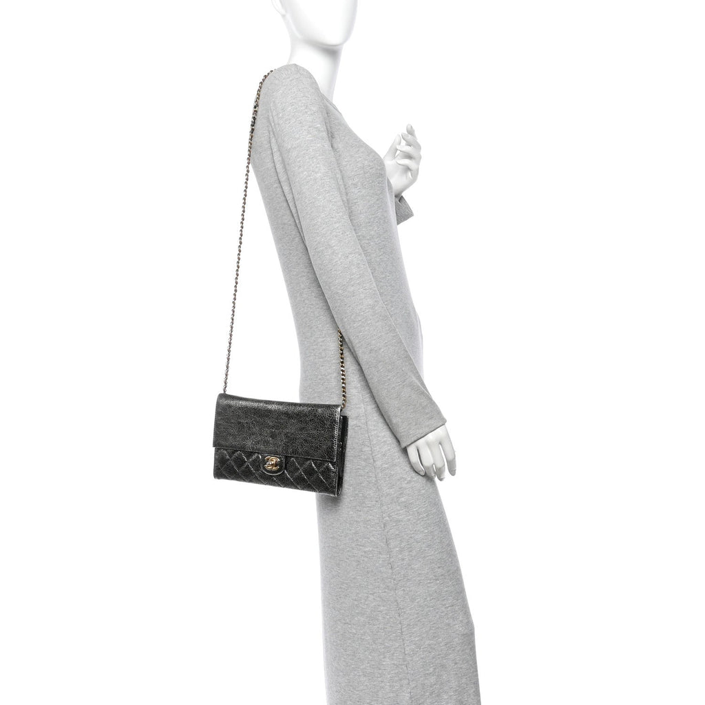 Cracked Metallic Calfskin Quilted Zip Away Chain Clutch Dark Silver