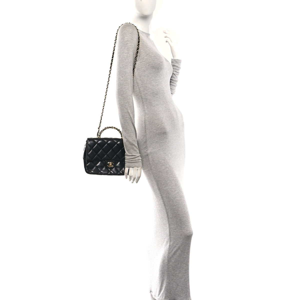 Shiny Lambskin Quilted Twisted Links Top Handle Flap Black