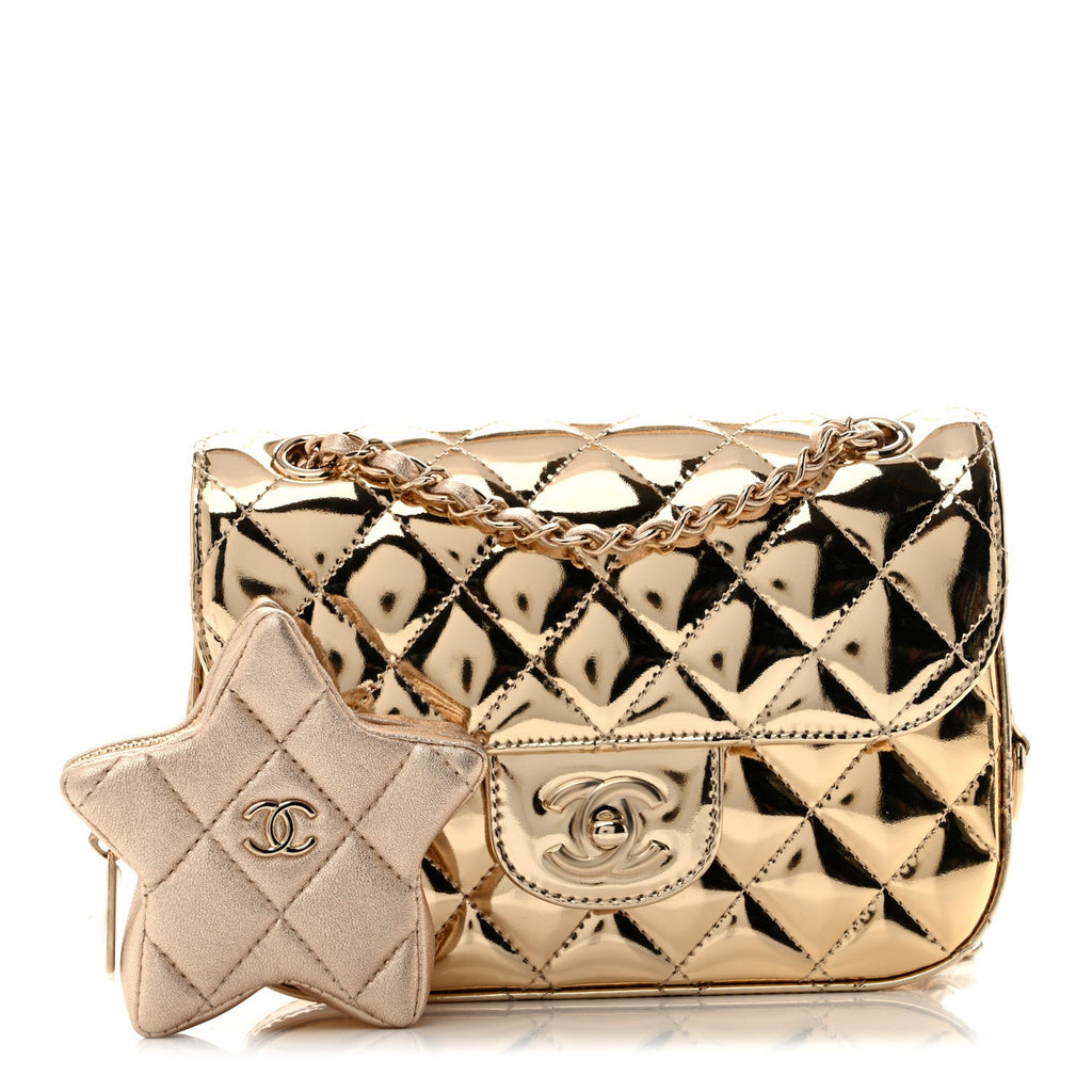 Mirror Calfskin Metallic Calfskin Quilted Hollywood Boulevard Mini Flap With Star Coin Purse Gold