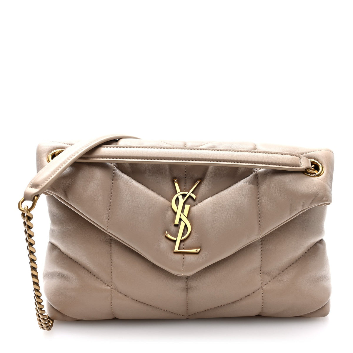 Lambskin Quilted Small Loulou Puffer Monogram Chain Satchel Dark Beige