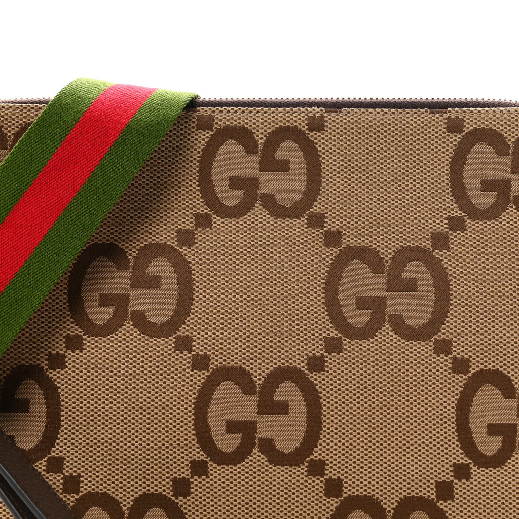 Monogram Jumbo GG Textured Dollar Calfskin Web Wristlet Messenger Bag Camel Ebony New Acero