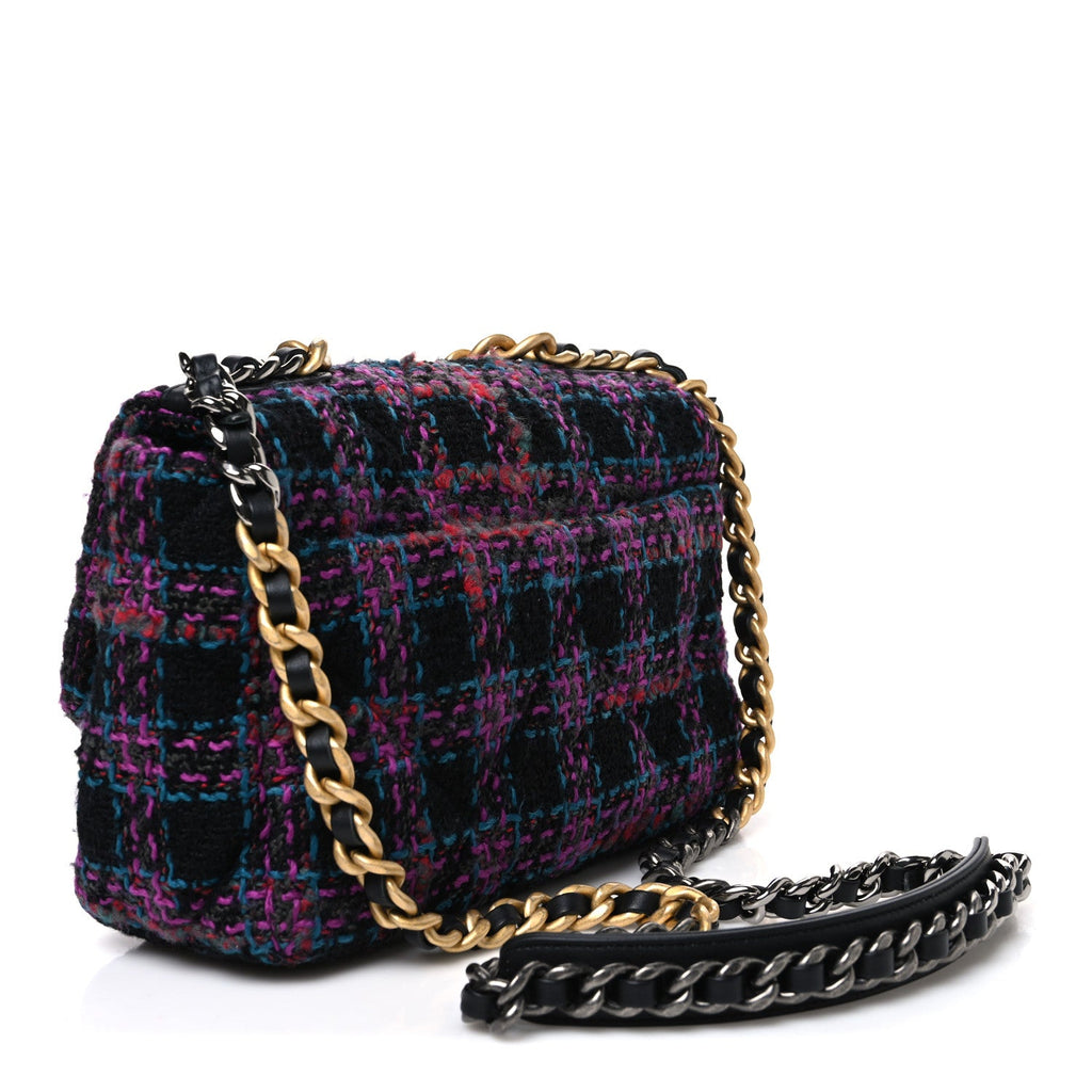 Tweed Quilted Medium Chanel 19 Flap Black Blue Purple