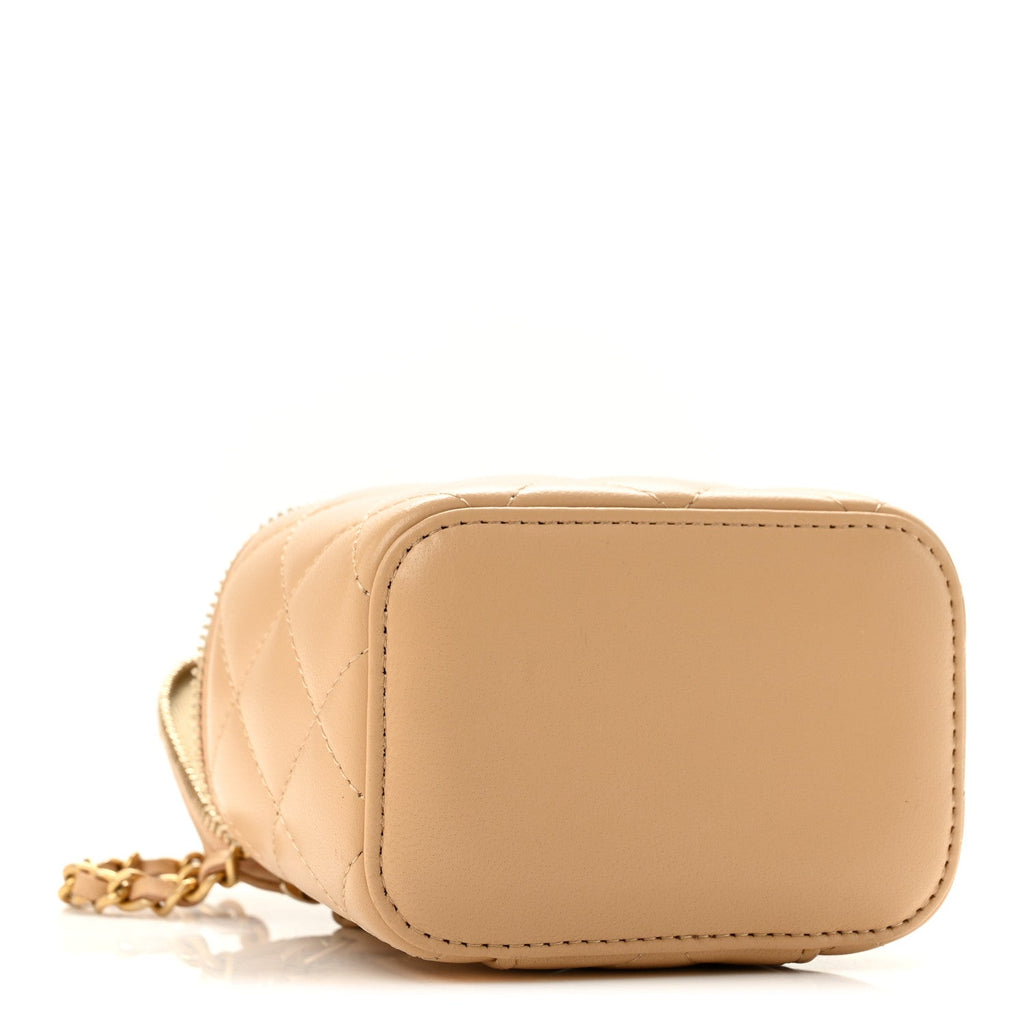 Lambskin Quilted Pearl Crush Mini Vanity Case With Chain Beige