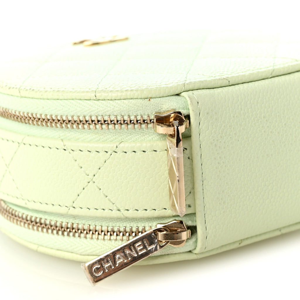 Caviar Quilted Round Handle With Care Vanity With Chain Light Green