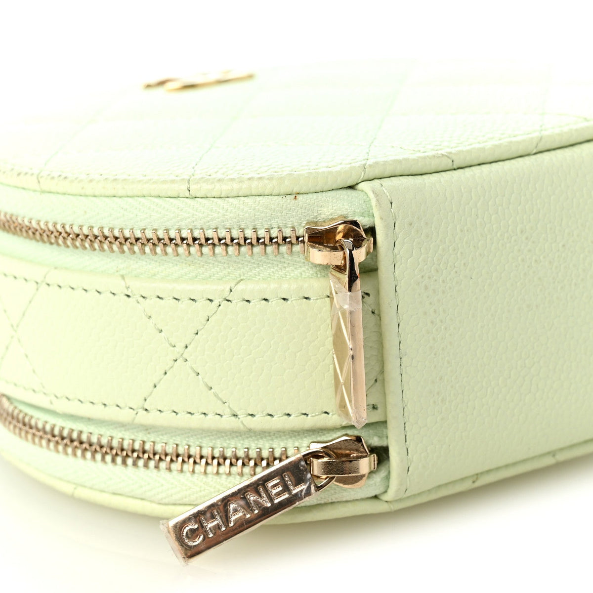 Caviar Quilted Round Handle With Care Vanity With Chain Light Green