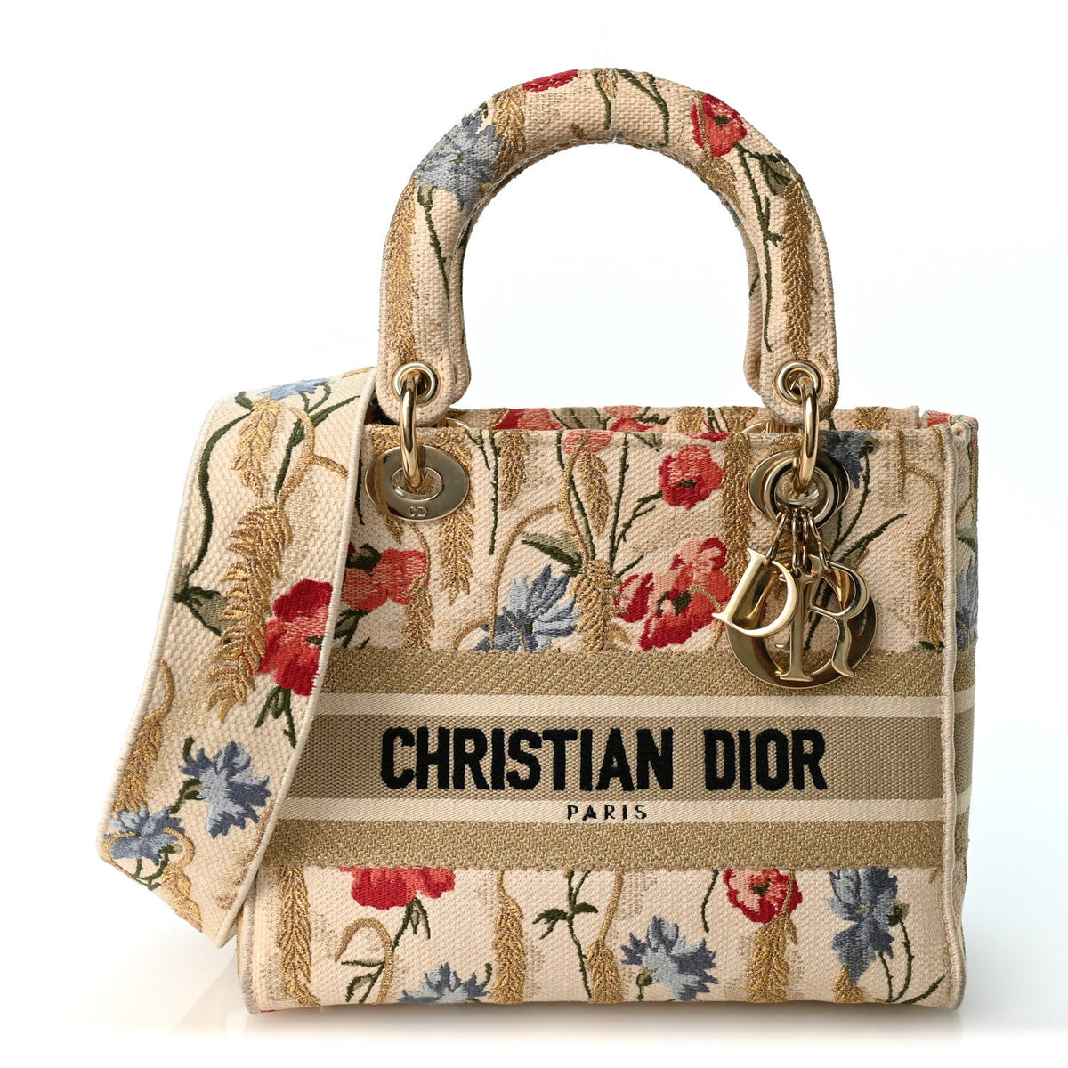 Canvas Embroidered Hibiscus Printed Medium Lady D-Lite Beige Multicolor