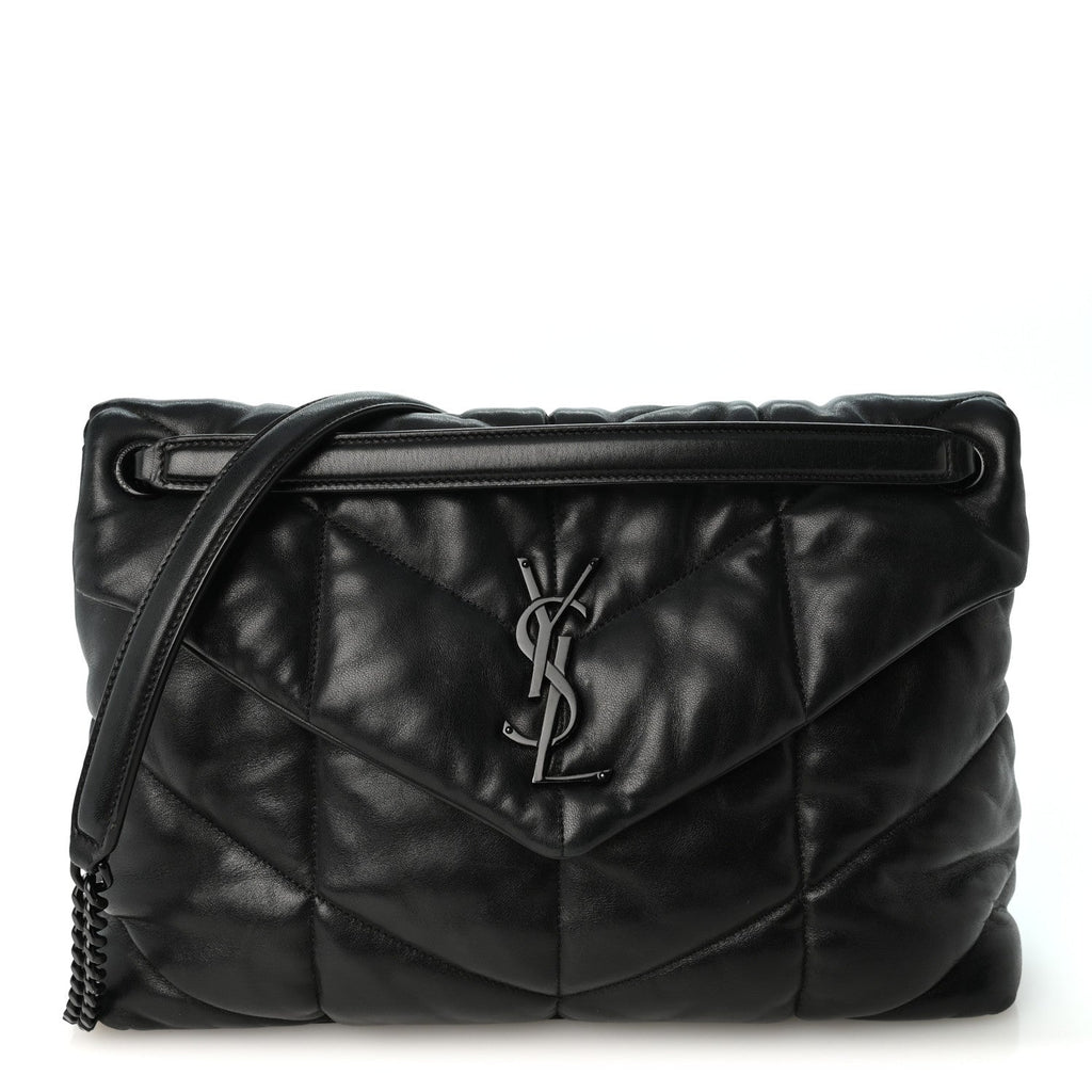 Lambskin Quilted Monogram Monochrome Medium Loulou Puffer Chain Satchel Black