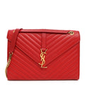 Smooth Calfskin Matelasse Chevron Large Monogram Satchel Lipstick Red