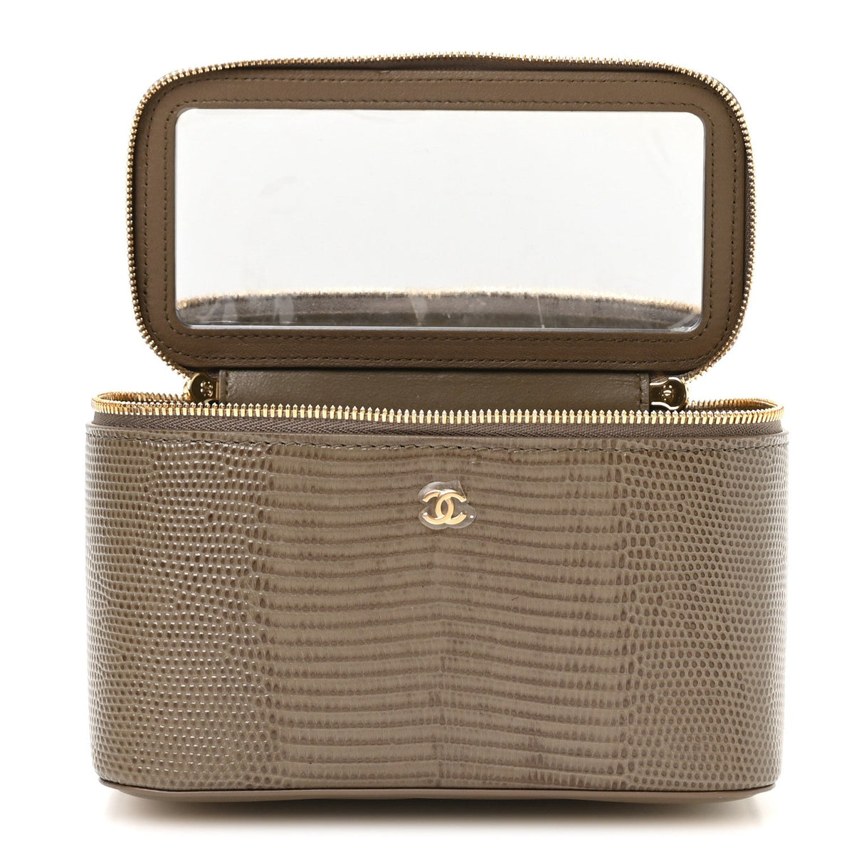 Calfskin Lizard Embossed Top Handle Vanity With Chain Dark Khaki