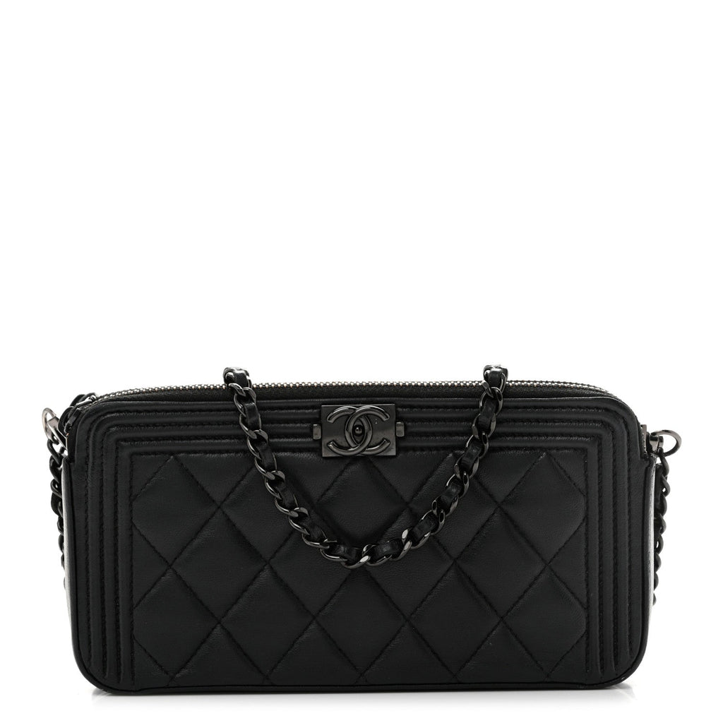 Lambskin Quilted Small Boy Clutch With Chain So Black