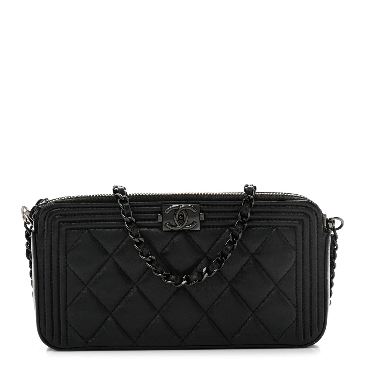 Lambskin Quilted Small Boy Clutch With Chain So Black