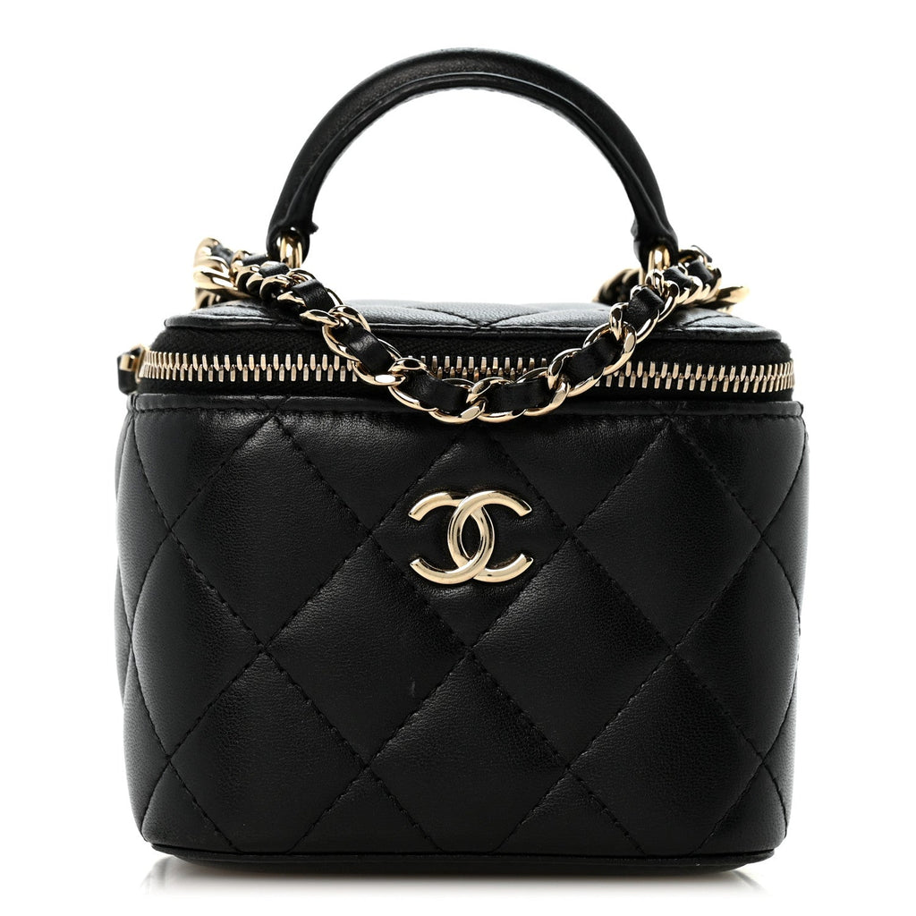 Lambskin Quilted Top Handle Mini Vanity Case With Chain Black